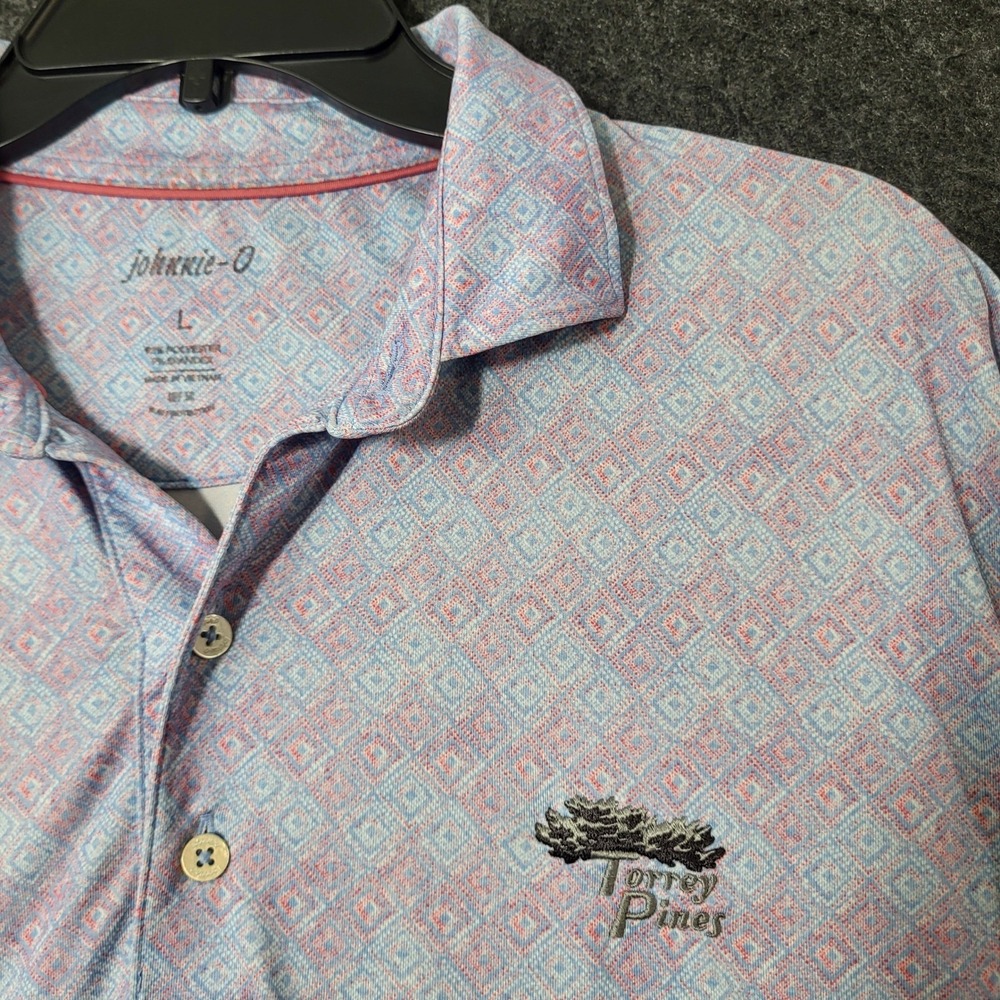 Johnnie-O Torrey Pines Golf Polo Mens Large Blue Pink Geometric Diamond Print L